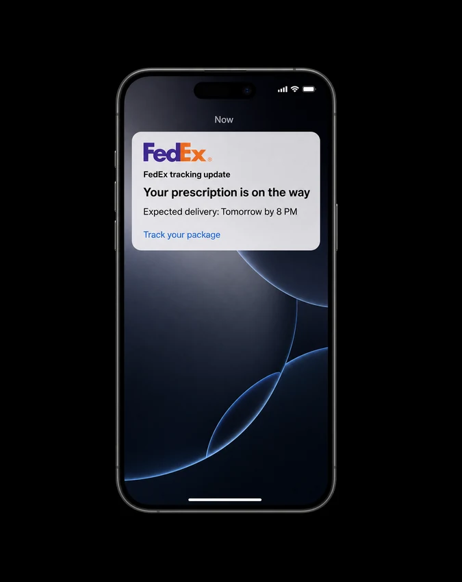 Phone screen showing shipment tracking updates sent to the patient