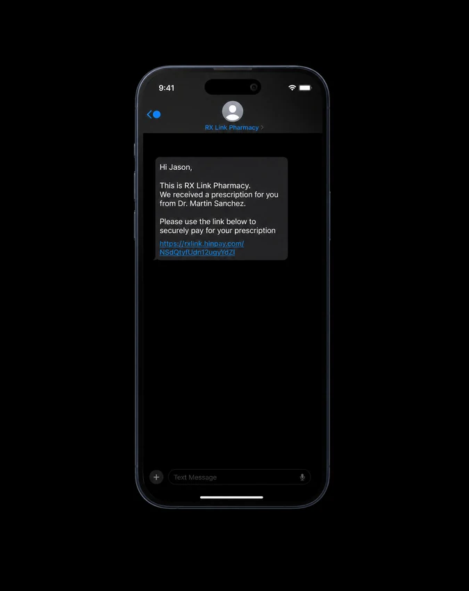 Phone screen showing a patient receiving a secure text link to start their order